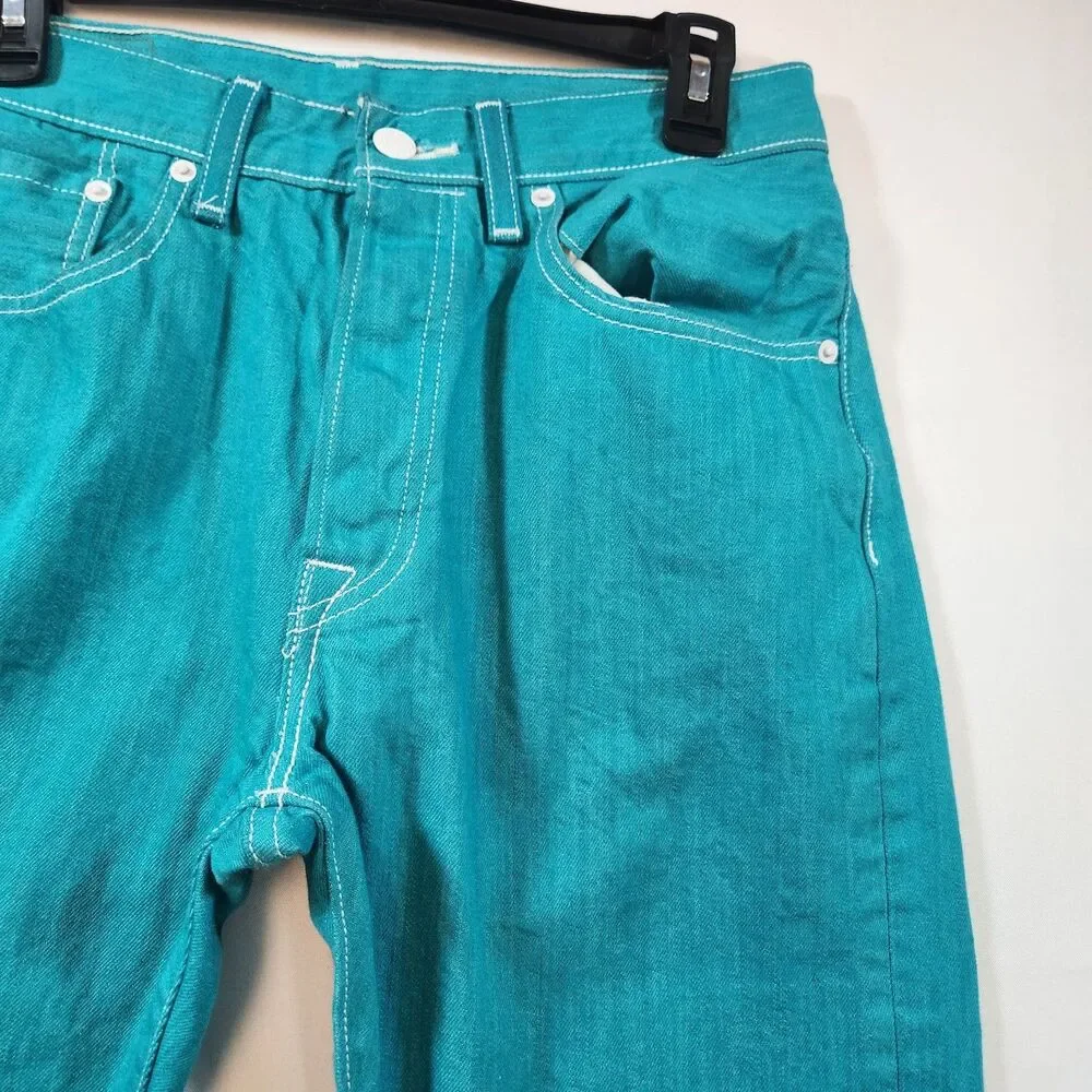 Levi's 501 Mens Jeans Button Fly Straight Leg W32 x L30 Act W29 x L28 Teal Blue - Picture 3 of 16